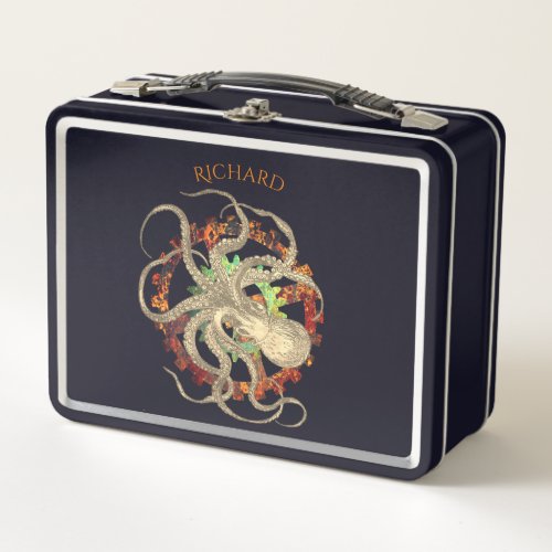 Steampunk Octopus  Clockwork Gears Personalized Metal Lunch Box