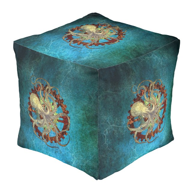 Steampunk Octopus & Clockwork Gears Pouf (Angled Front)