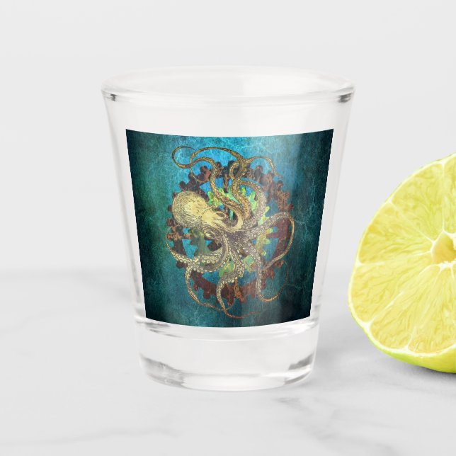 Steampunk Octopus & Clockwork Gears Shot Glass (Front)