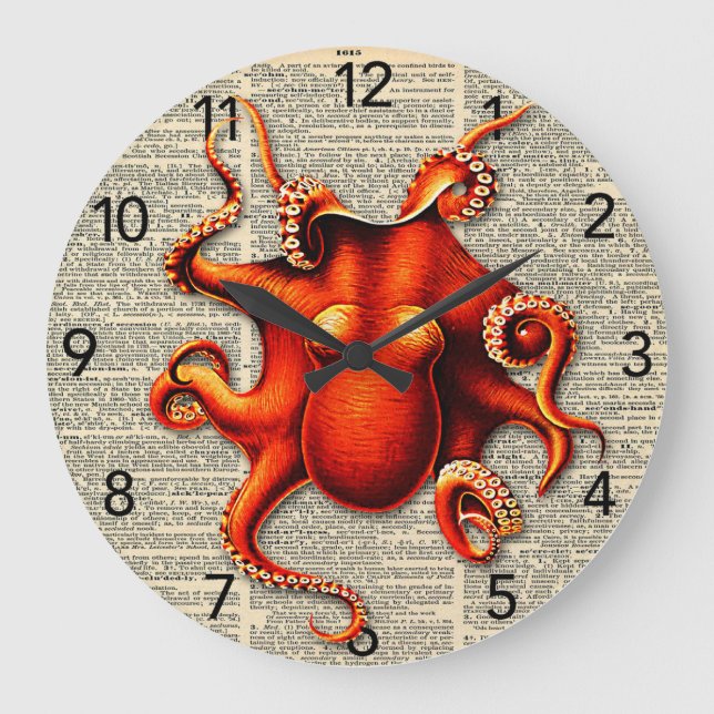 Steampunk octopus dictionary large round clock (Front)