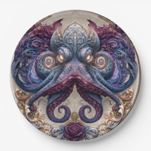 Steampunk Octopus Emblem with Purple Roses  Paper Plates