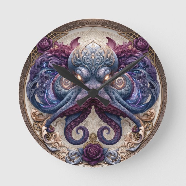 Steampunk Octopus Emblem with Purple Roses  Round Clock (Front)