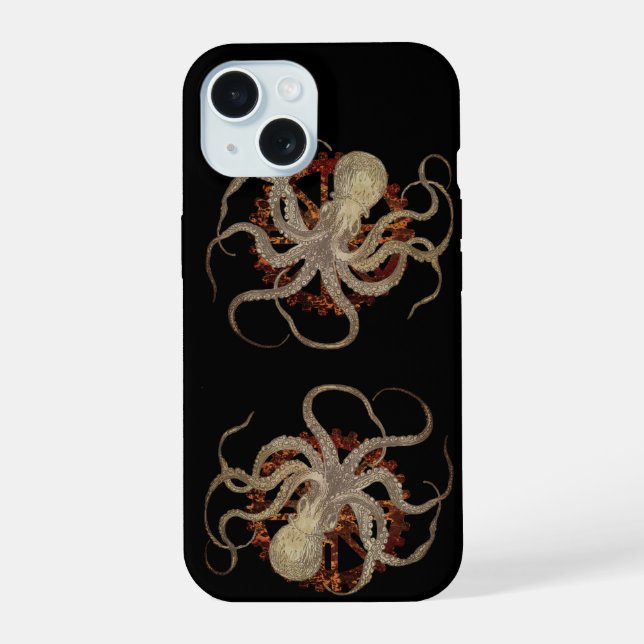 Steampunk Octopus & Rusty Clockwork Gear  Iphone Case (Back)