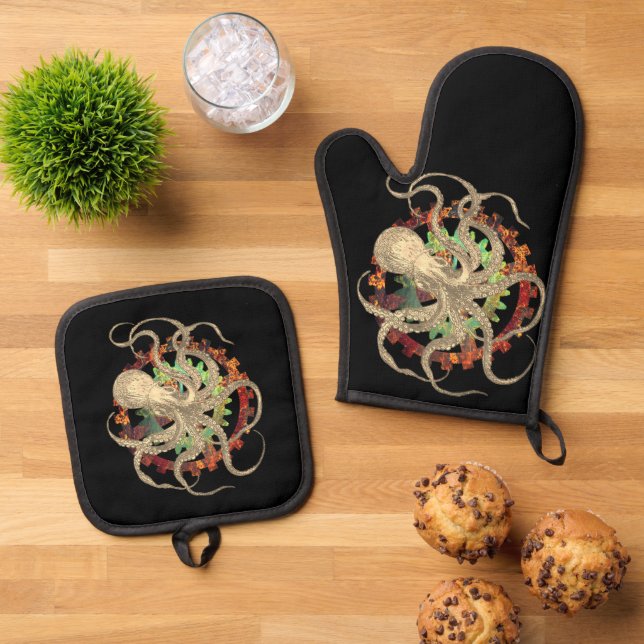 Steampunk Octopus & Rusty Clockwork Gear Oven Mitt & Pot Holder Set (Top Down)