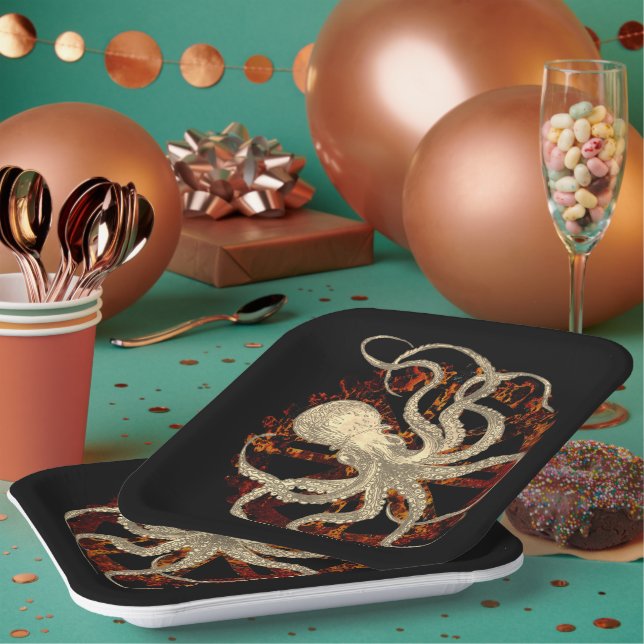 Steampunk Octopus & Rusty Clockwork Gear Paper Plates (Multi)