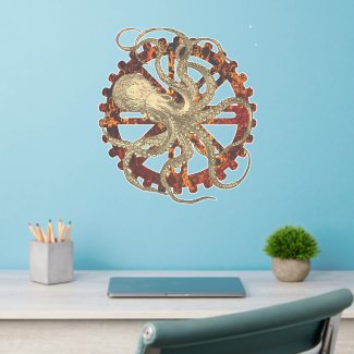 Steampunk Octopus & Rusty Clockwork Gear Wall Decal