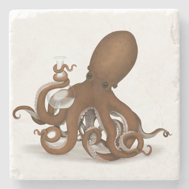 Steampunk Octopus Scientist Whimsical Naturalist Stone Coaster (Front)