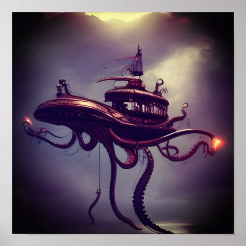 Steampunk Octopus Ship Fantasy Art Poster