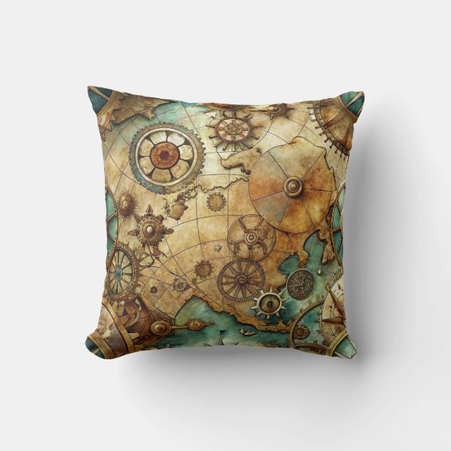 Steampunk Old Map Throw Pillow (Front)