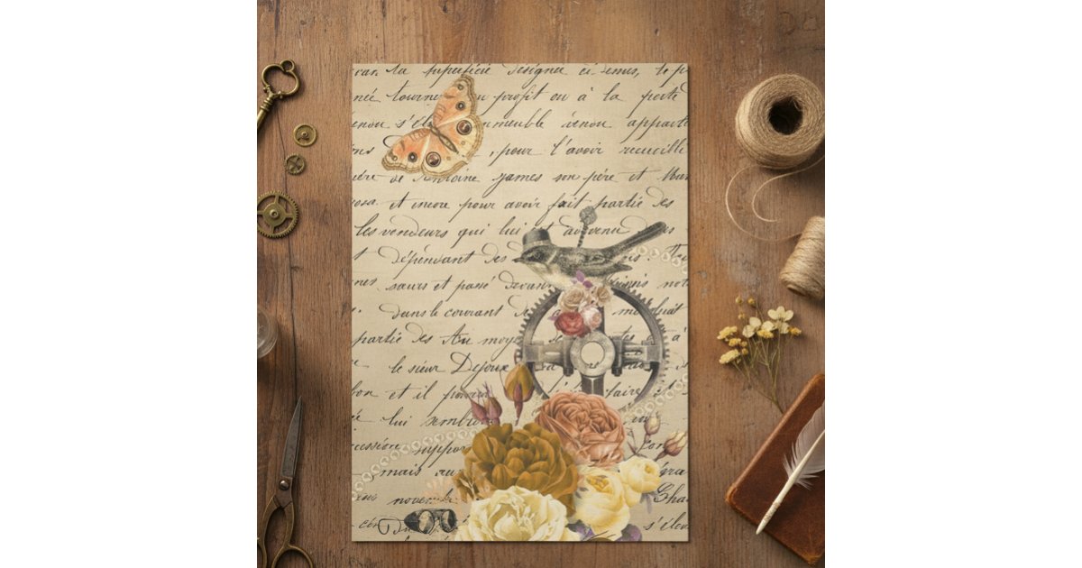 Steampunk Old Victorian Decoupage Bird Vintage Tissue Paper | Zazzle