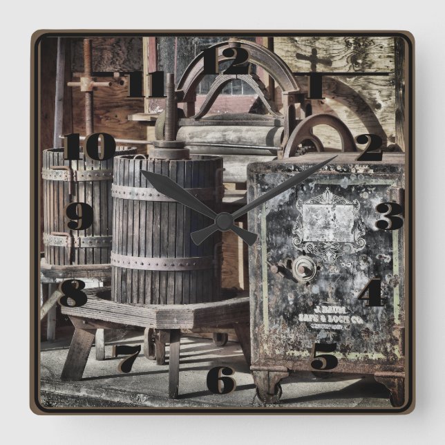 Steampunk Old West with Barrels and Safe  Square Wall Clock (Front)