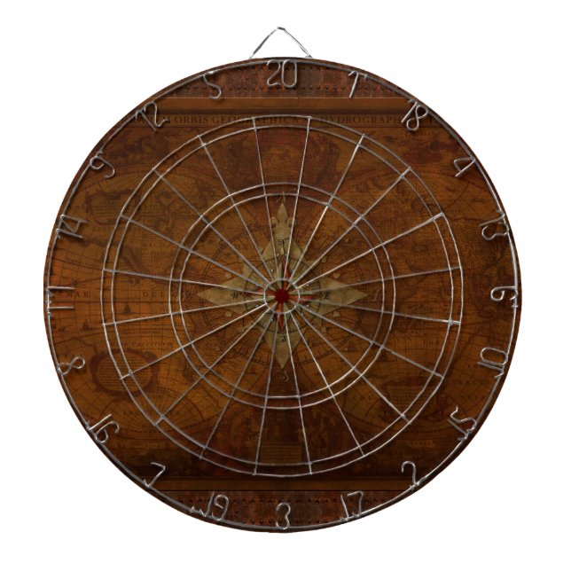 Steampunk Old World Map & Compass Rose Design Dartboard With Darts (Front)