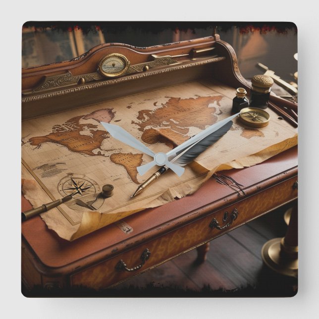 Steampunk Olde Worlde Map and Desk  Square Wall Clock (Front)