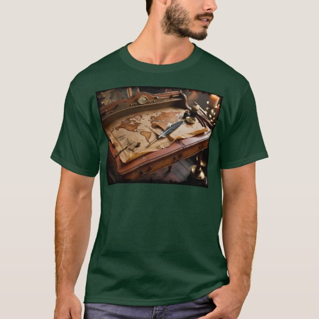 Steampunk Olde Worlde Map and Desk  T-Shirt (Front)