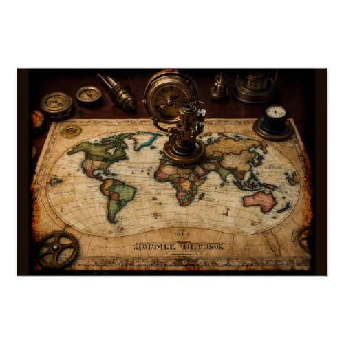 Steampunk Olde Worlde Map Poster