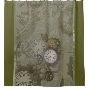 Steampunk olive green metallic shower curtain