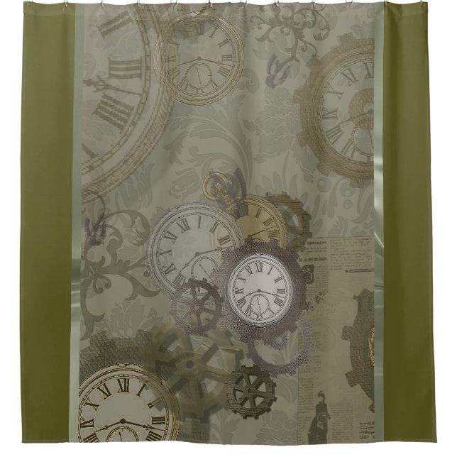 Steampunk olive green  metallic shower curtain (Front)