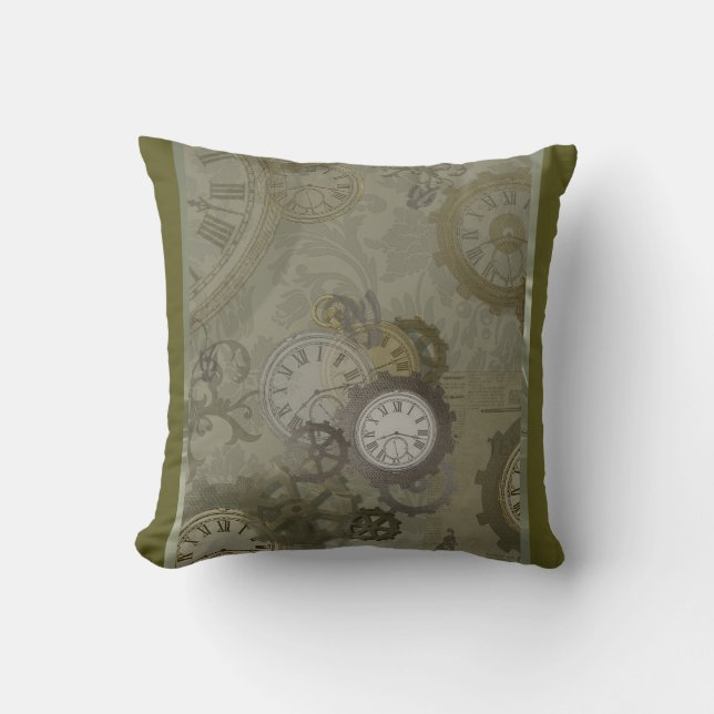 Steampunk olive green print throw pillow (Front)