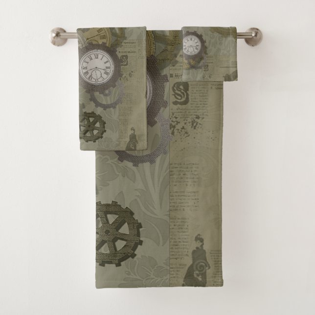 Steampunk olive green  vintage print bath towel set (Insitu)