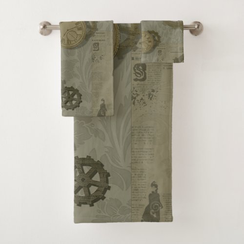 Steampunk olive green  vintage print bath towel set