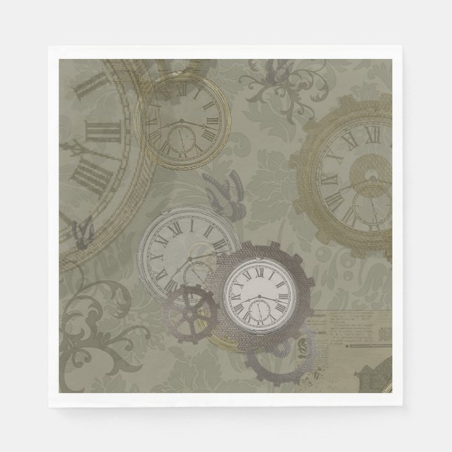 Steampunk olive green vintage print napkins (Front)