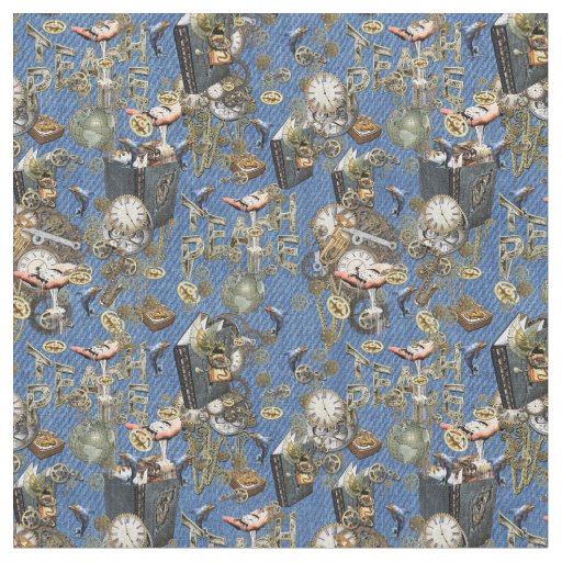 Steampunk on Blue Denim  Fabric