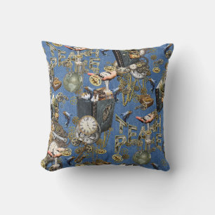 Steampunk on Blue Denim Throw Pillow