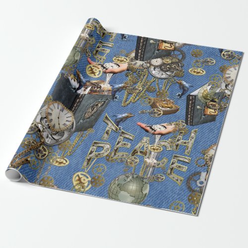 Steampunk on Blue Denim  Wrapping Paper