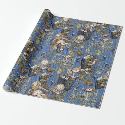 Steampunk on Blue Denim  Wrapping Paper