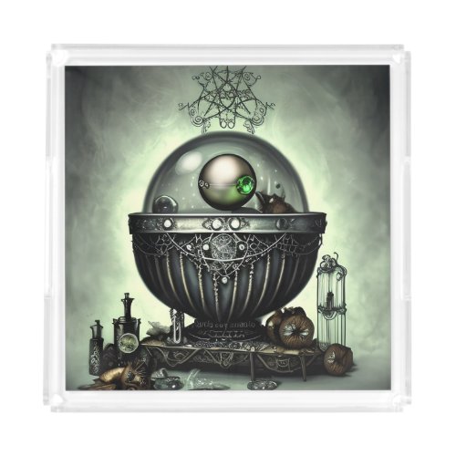 Steampunk Ornate Cauldron and Magic Items on Green Acrylic Tray