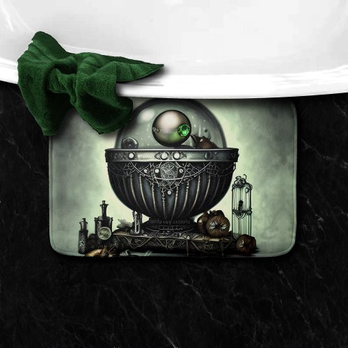 Steampunk Ornate Cauldron and Magic Items on Green Bath Mat