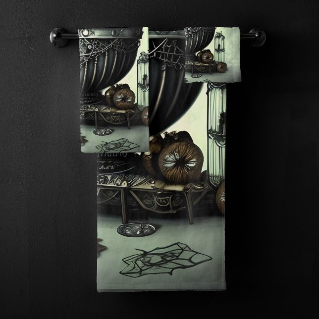 Steampunk Ornate Cauldron and Magic Items on Green Bath Towel Set (Creator Uploaded)