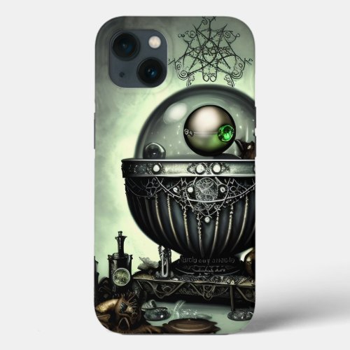 Steampunk Ornate Cauldron and Magic Items on Green iPhone 13 Case
