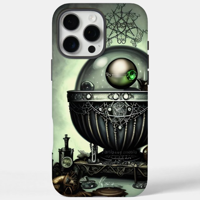 Steampunk Ornate Cauldron and Magic Items on Green Case-Mate iPhone Case (Back)