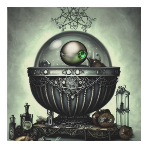 Steampunk Ornate Cauldron and Magic Items on Green Faux Canvas Print