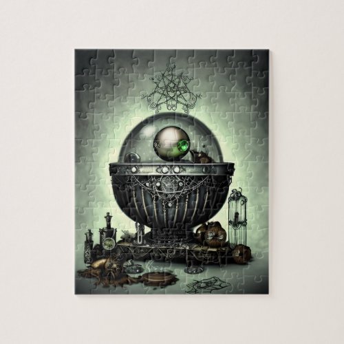 Steampunk Ornate Cauldron and Magic Items on Green Jigsaw Puzzle