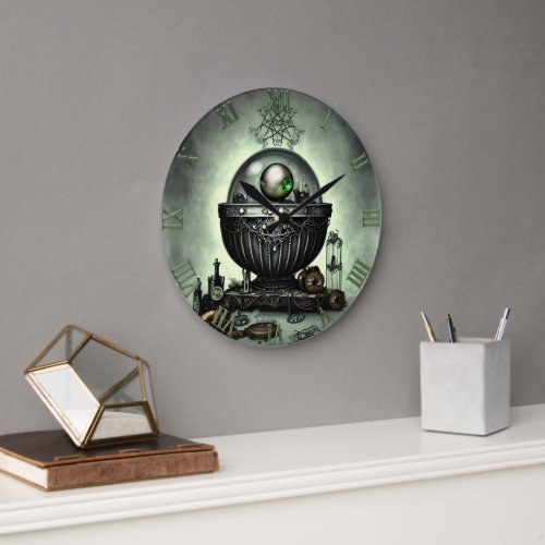 Steampunk Ornate Cauldron and Magic Items on Green Large Clock