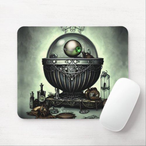 Steampunk Ornate Cauldron and Magic Items on Green Mouse Pad
