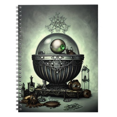 Steampunk Ornate Cauldron and Magic Items on Green Notebook