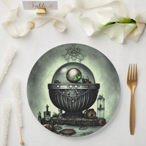 Steampunk Ornate Cauldron and Magic Items on Green Paper Plates