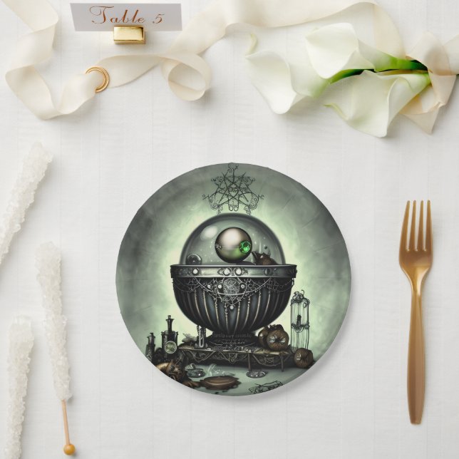 Steampunk Ornate Cauldron and Magic Items on Green Paper Plates (Wedding)
