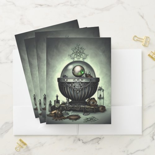 Steampunk Ornate Cauldron and Magic Items on Green Pocket Folder