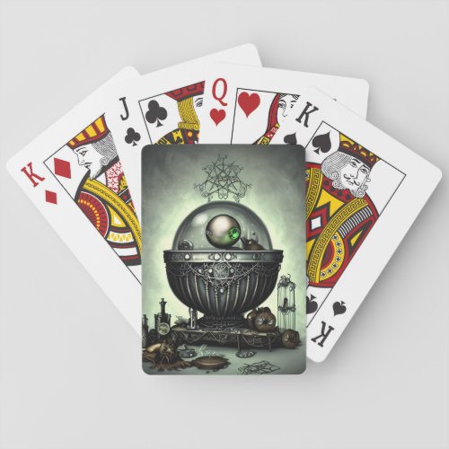 Steampunk Ornate Cauldron and Magic Items on Green Poker Cards