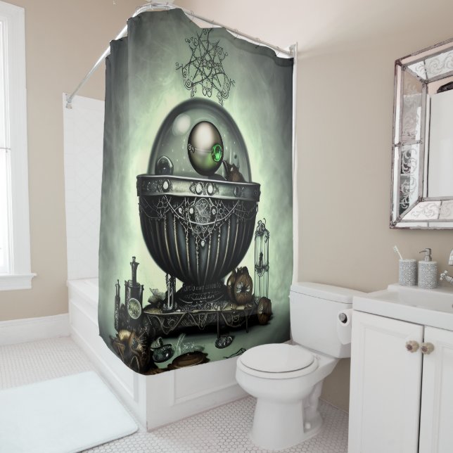Steampunk Ornate Cauldron and Magic Items on Green Shower Curtain (In Situ)