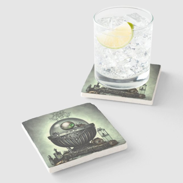 Steampunk Ornate Cauldron and Magic Items on Green Stone Coaster (Side)