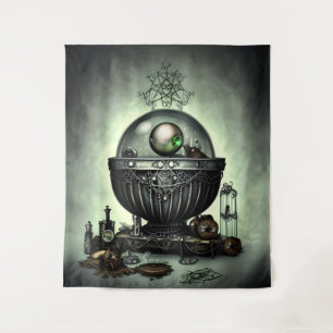 Steampunk Ornate Cauldron and Magic Items on Green Tapestry