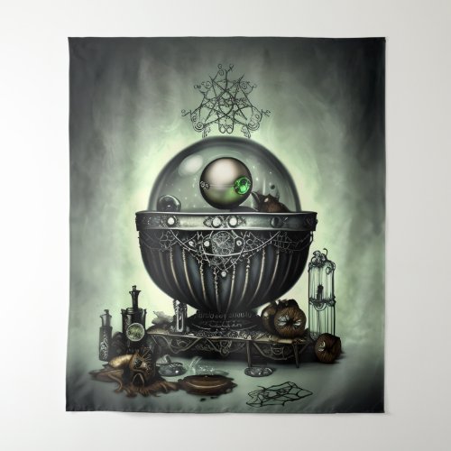 Steampunk Ornate Cauldron and Magic Items on Green Tapestry