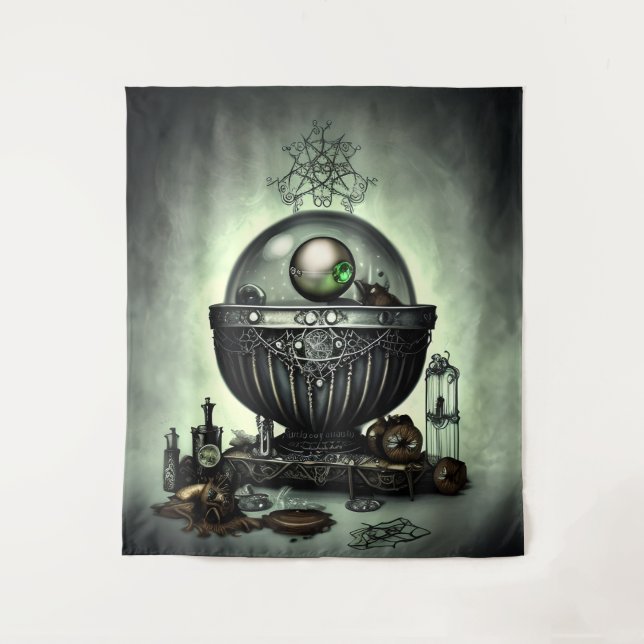 Steampunk Ornate Cauldron and Magic Items on Green Tapestry (Front)