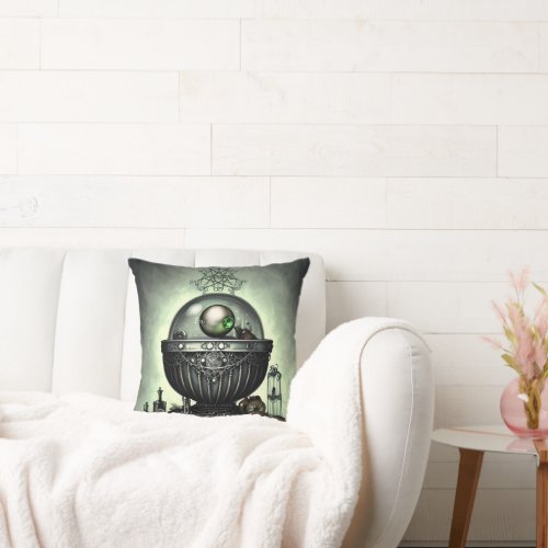 Steampunk Ornate Cauldron and Magic Items on Green Throw Pillow