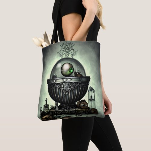 Steampunk Ornate Cauldron and Magic Items on Green Tote Bag